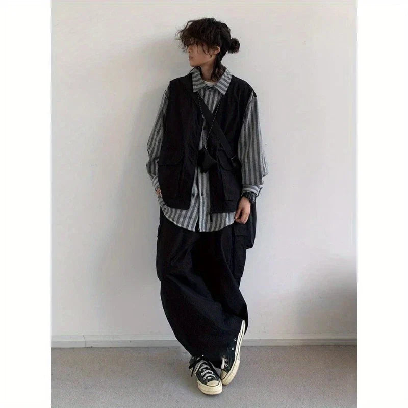 Spring New Japanese Set Mens Fake Two Pieces Striped Tooling Shirts+casual Wide Leg Pants 2-Pcs Set College Retro Suit Unisex