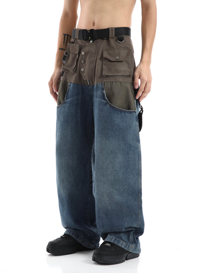 Patchwork Baggy Wide Leg Jeans Pants Men Distressed Denim Trousers Male Oversize Japanese Streetwear Safari Style Casual