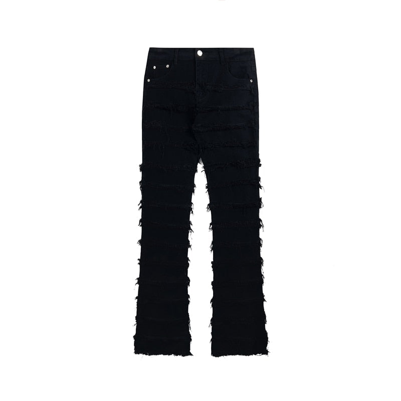 Harajuku Hip Hop Streetwear Striped Tassel Frayed Straight Baggy Jeans Pants Male and Female Solid Color Casual Denim Trousers