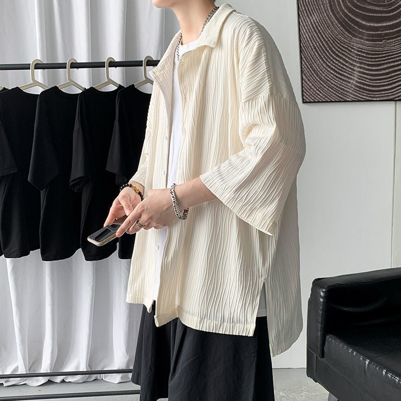 Ice Silk Men's Pleated Casual Shirts Loose Short Sleeve Blouses Korean Style Half Sleeve Summer Tops Cardigan