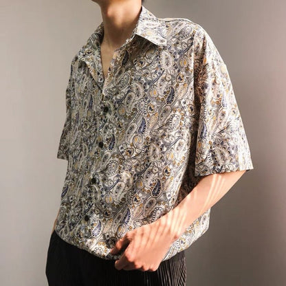 Korean Fashion Cashew Floral Shirts Mens Short Sleeve Chiffon Dropped Loose Casual Retro Half Sleeve Hawaiian Shirts for Men