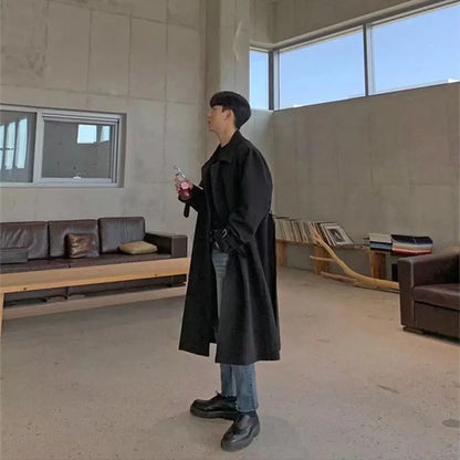 Khaki Black Trench Coat Men Fashion Autumn Oversized Long Coat Men Korean Loose Windbreaker Jacket Mens Overcoat M-2XL