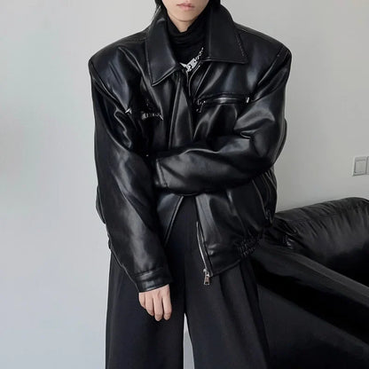 saferido 90s Streetwear Short Black Top Jacket for Spring and Autumn Men's Casual Lapel Thin Motorcycle Leather Jacket