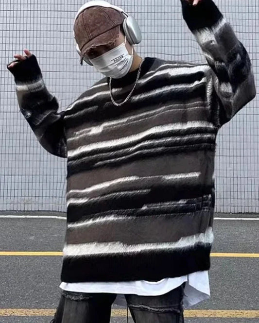 Sweaters Men Autumn Hip Hop Hipster Japanese Style Striped Couple Knitwear Contrast Color Vintage Casual Slouchy Pullovers Daily