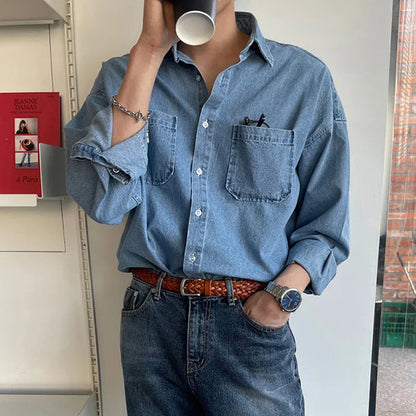 Spring Clothing Men's Denim Long-sleeved Pocket Shirt Casual Korean Turn down Button Streetwear Luxury Big Size Stylish