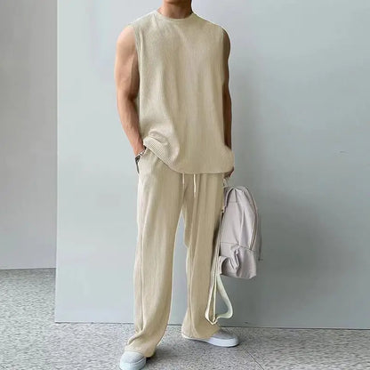 Fashion Solid Two Piece Suits Men‘s O-Neck Sleeveless Tops And Pants Outfits Men Summer New Casual Simplicity Solid Rib Sets