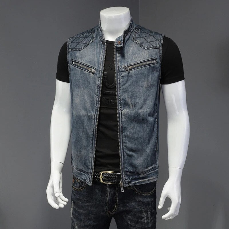 Mens Denim Vests Vintage Fashion Design Retor Sleeveless Jackets Men Streetwear Ripped Hole Punk Jean Waistcoats Clothing