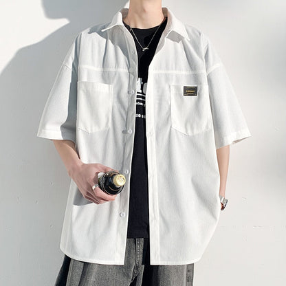 Spring Men's Corduroy short sleeve Shirts Fresh Harajuku Neutral Woman Fashion Casual Oversize Hip Hop College Shirt Coat