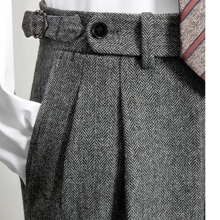 Men's Autumn Winter New High Waist Woolen Trousers Male Tweed Business Casual Pants Men Long Formal Straight Pants