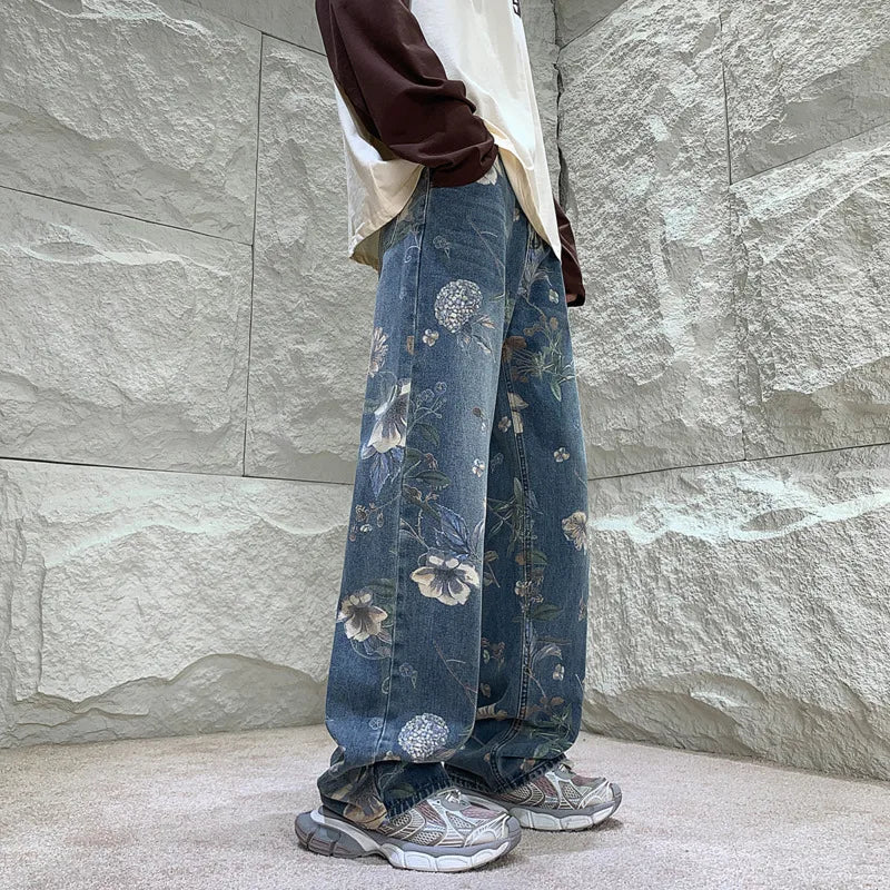 saferido Baggy Jeans Men Oversized Fashion Casual Flower Jeans Men Streetwear Hip Hop Loose Wide Leg Pants Jeans Mens Denim Trousers