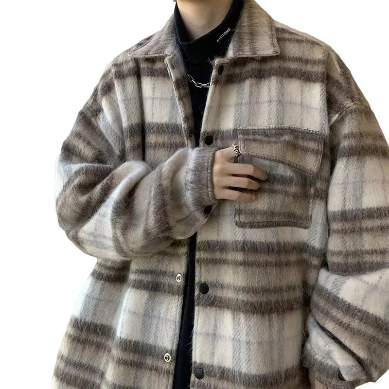 Vintage Woolen Jacket Men Autumn and Winter New Ins Loose Casual Lapel Pockets Single Breasted Couple Plaid Woolen Coat