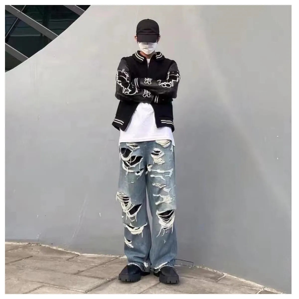 saferido American Style Streetwear Washed Torn Jeans For Men And Women's Street Hip-Hop Loose Wide Leg Straight Leg Pants Fashion Style