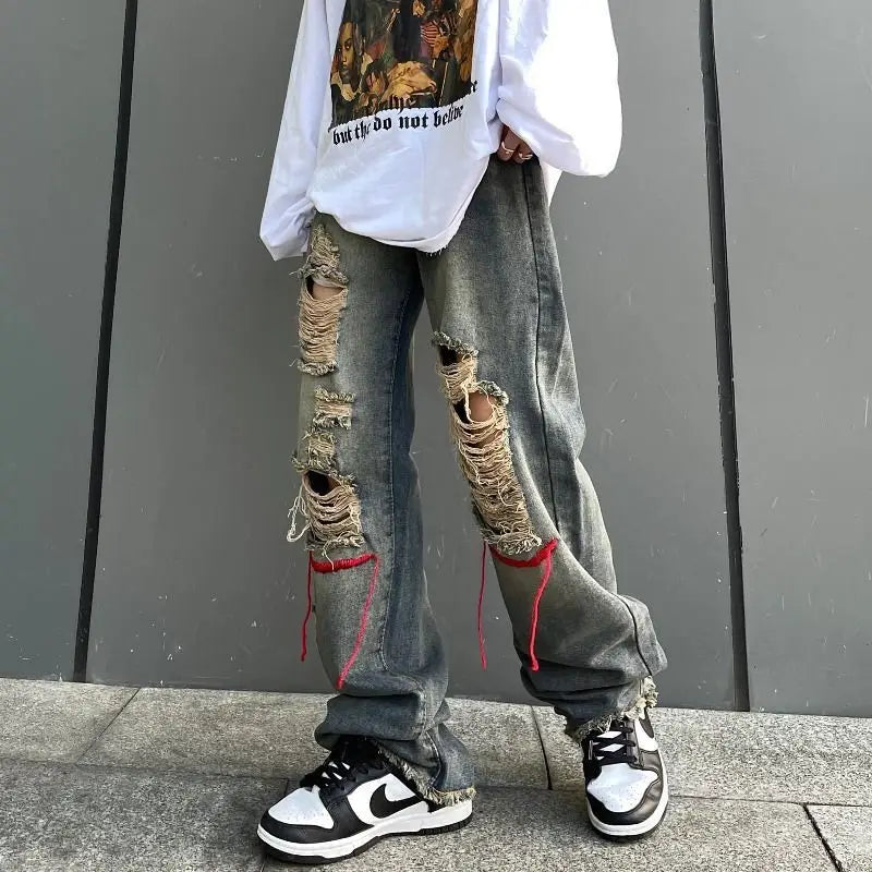 saferido Korean Style Ins Hip-Hop Trendy Distressed Red Rope Vintage Jeans Washed And Worn Long Straight Leg Pants