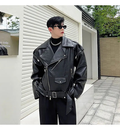 saferido Autumn Winter Wide Shoulder Zipper Leather Jacket Luxury Men Streetwear Loose Vintage Punk Motorcycle Jacket Korean Fashion Coat