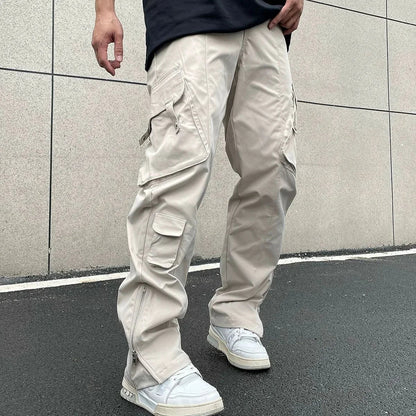 saferido Men's Loose-fit Straight-leg Casual Trousers American Style High Street Vibe Zip-up Cargo Pants Fog Wind