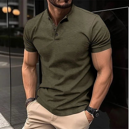 Solid Stand Collar Short Sleeve Men's Shirts Fashion Handsome Business Shirt Men Clothing Summer Casual Button Fit Gym Male