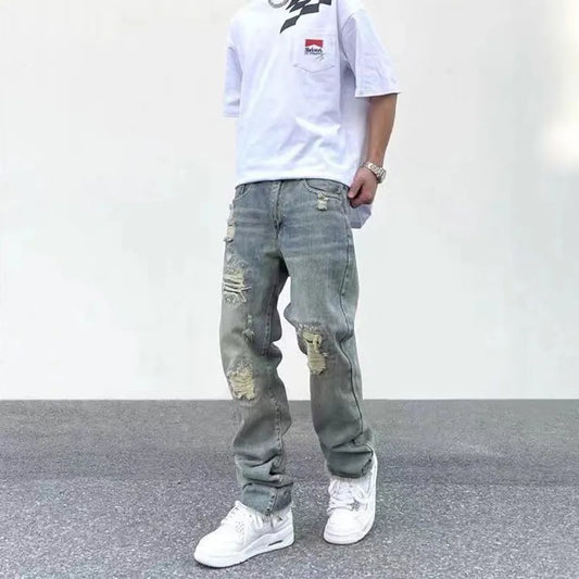 Street Wash Worn Cut Jeans Men's Summer Fashion Loose Straight Pants Traf Fall Guys