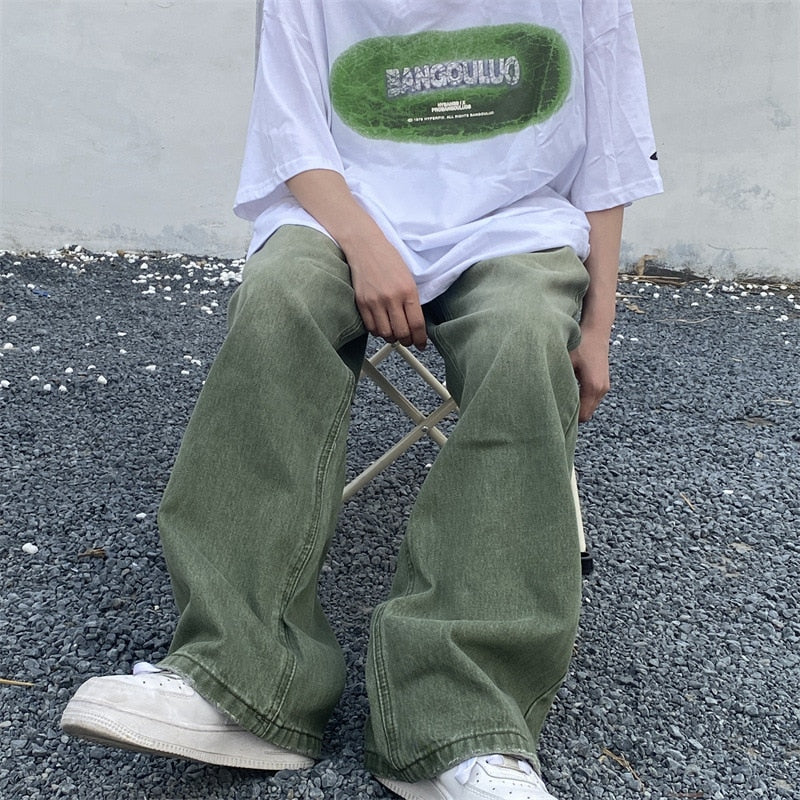 Green Jeans Baggy Distressed Vintage Denim Trousers Male Wide Leg Pants Men Streetwear Retro Oversize Casual Hip Hop