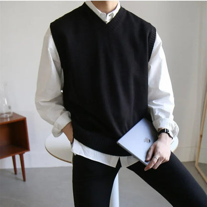 New Mens Sweater Vest Spring Sleeveless Loose Solid Color Simple V Neck Sweater Men Korean Fashion Harajuku Pullover Vest