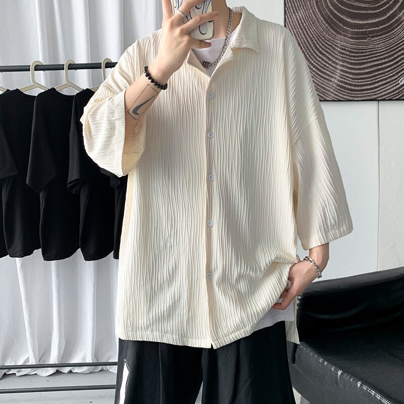 Ice Silk Men's Pleated Casual Shirts Loose Short Sleeve Blouses Korean Style Half Sleeve Summer Tops Cardigan