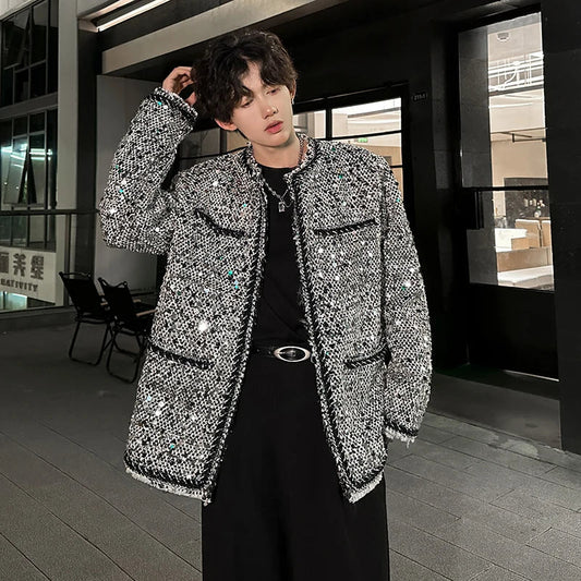 saferido Korean Fashion Shiny Sequin Jacket Sliver Round Collar Long Sleeve Jackets Coats Autumn New Ladies Gentleman High Street