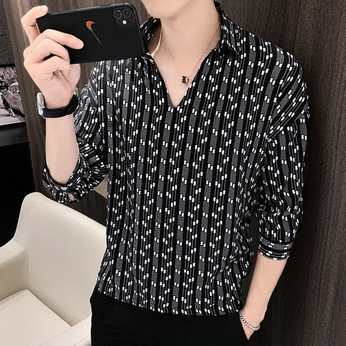 ngland Style Fashion Print Shirt Men Summer Men Three Quarter Sleeve Luxury Shirt Casual Loose Shirts