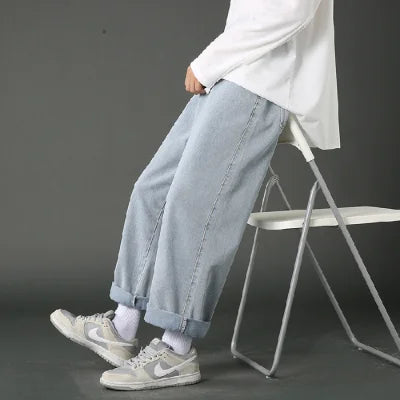 saferido New Street Casual Baggy Jeans Men's Korean Fashion Hip Hop Straight Wide Leg  Trousers Couple Denim Pants Black Light Blue