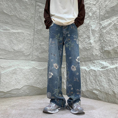 saferido Baggy Jeans Men Oversized Fashion Casual Flower Jeans Men Streetwear Hip Hop Loose Wide Leg Pants Jeans Mens Denim Trousers