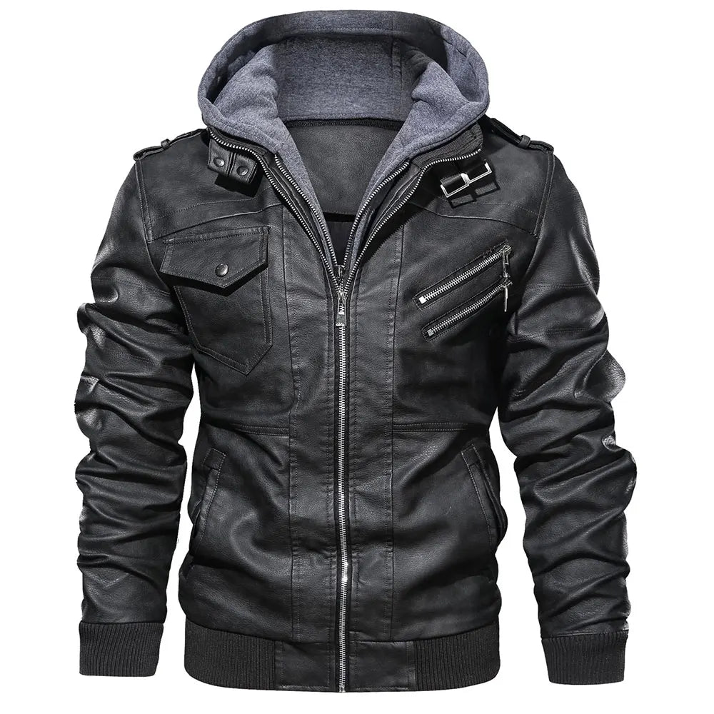 Men Brand Military Hooded Zipper Motorcycle Leather Jacket PU Leather Jackets Autumn Coat Plus Size S-5XL