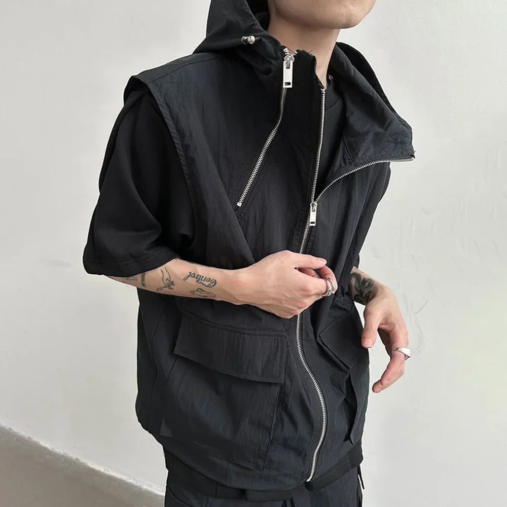 saferido Men Cargo Hooded Vest Summer Zipper Sleeveless Tops Male Korean Streetwear Hip Hop Unisex Hoodie Coat Fashion Waistcoat Jacket