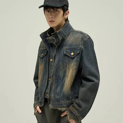 Mens Denim Jacket American Vintage Fake Two Pieces Design Washed Trend Jeans Coat Male Hip Hop High Collar Unisex Outwear 2024