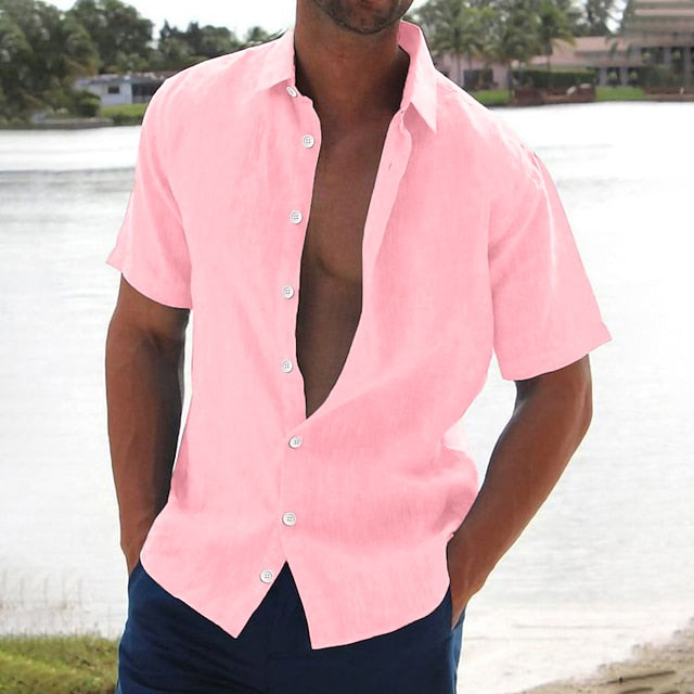 Men's Linen Shirt Summer Shirt Beach Shirt Black White Pink Short Sleeve Solid Color Turndown Summer Hawaiian Holiday Clothing Apparel Button-Down