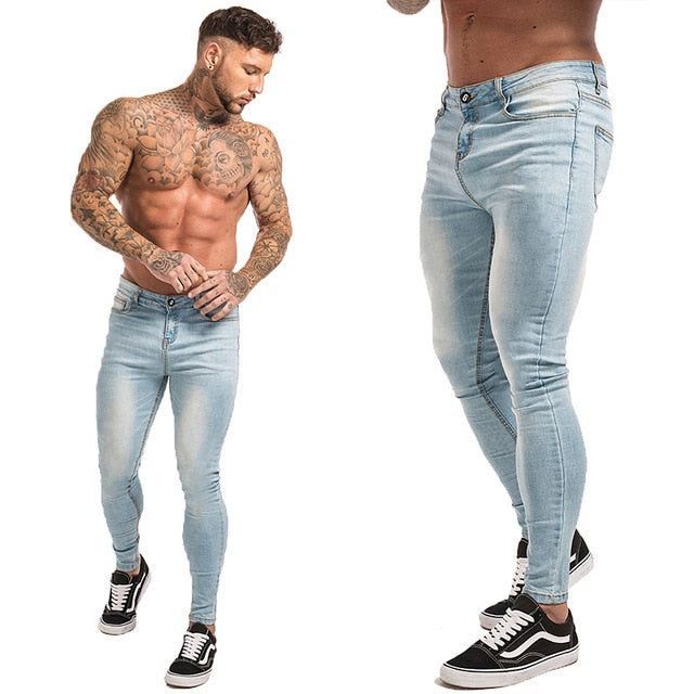 Jeans Men Elastic Waist Skinny Jeans Men Stretch Ripped Pants Streetwear Mens Denim Jeans Blue