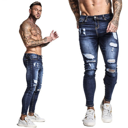 Jeans Men Elastic Waist Skinny Jeans Men Stretch Ripped Pants Streetwear Mens Denim Jeans Blue