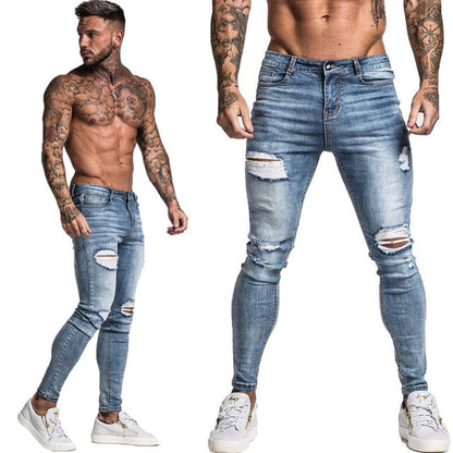 Jeans Men Elastic Waist Skinny Jeans Men Stretch Ripped Pants Streetwear Mens Denim Jeans Blue