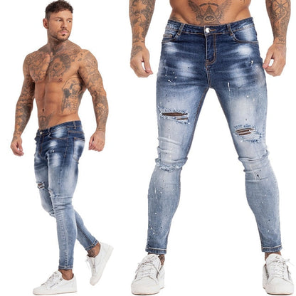 Jeans Men Elastic Waist Skinny Jeans Men Stretch Ripped Pants Streetwear Mens Denim Jeans Blue