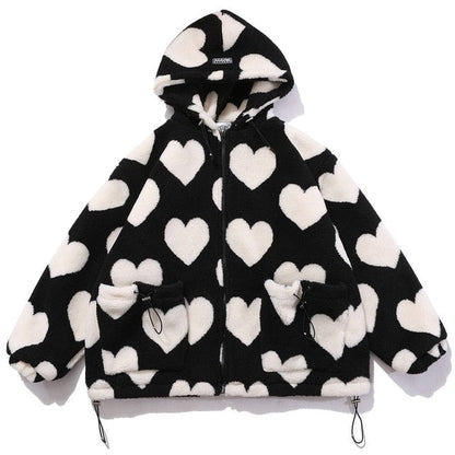 saferido      Cute Heart-shaped Print Lambswool Winter Jacket Men Drawstring Pockets Zipper Hooded High Street Warm Couple Streetwear