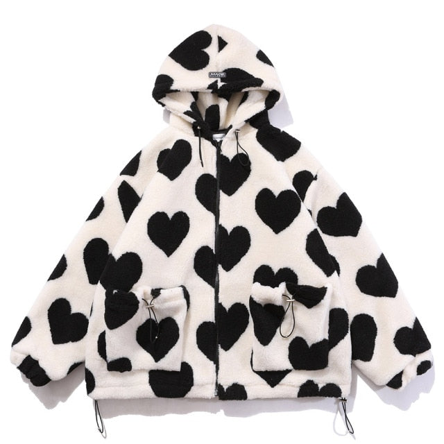 saferido      Cute Heart-shaped Print Lambswool Winter Jacket Men Drawstring Pockets Zipper Hooded High Street Warm Couple Streetwear