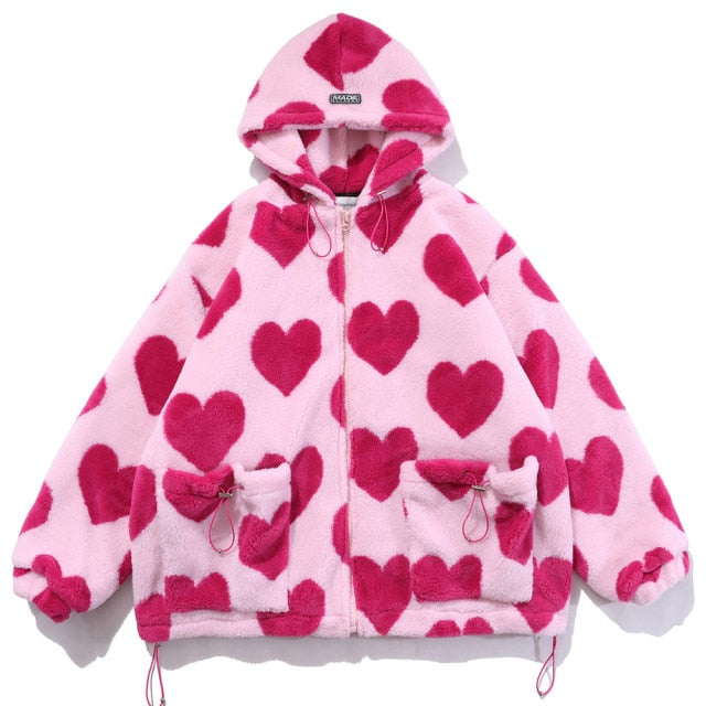 saferido      Cute Heart-shaped Print Lambswool Winter Jacket Men Drawstring Pockets Zipper Hooded High Street Warm Couple Streetwear