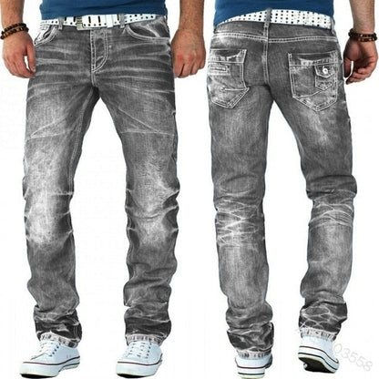 Men's Fashion Jeans Ripped Jeans Slim Fit Denim Pleated Jeans Male Straight Retro Tide Pants Jeans for Men