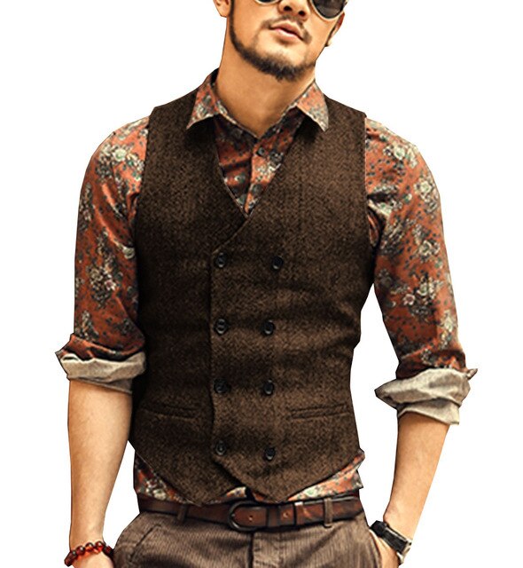 Men Vests Suit Vest Tweed Man Waistcoat Brown Black Groomman Wedding Clothing Jacket Victorian Style Steampunk Business