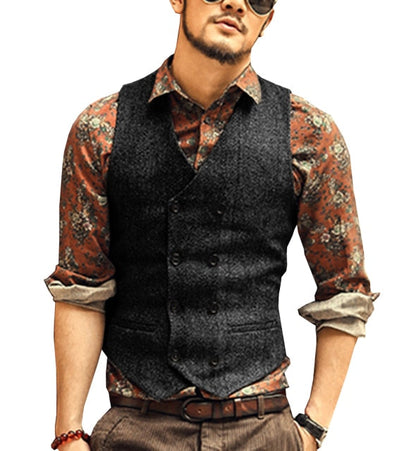 Men Vests Suit Vest Tweed Man Waistcoat Brown Black Groomman Wedding Clothing Jacket Victorian Style Steampunk Business