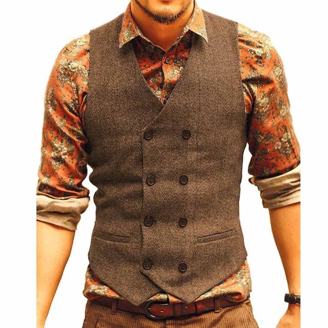 Men Vests Suit Vest Tweed Man Waistcoat Brown Black Groomman Wedding Clothing Jacket Victorian Style Steampunk Business