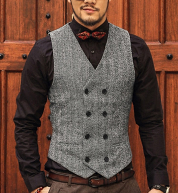 Men Vests Suit Vest Tweed Man Waistcoat Brown Black Groomman Wedding Clothing Jacket Victorian Style Steampunk Business