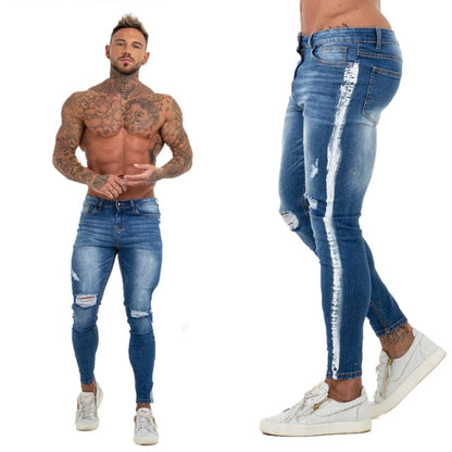 Jeans Men Elastic Waist Skinny Jeans Men Stretch Ripped Pants Streetwear Mens Denim Jeans Blue