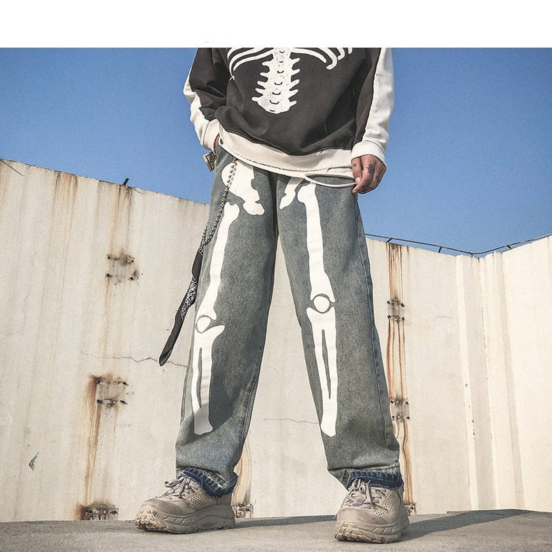 Men Skeleton Oversized Black Jeans Pants Denim Mens Streetwear Hip Hop Harem Pants High Wasit Denim Pants Overalls