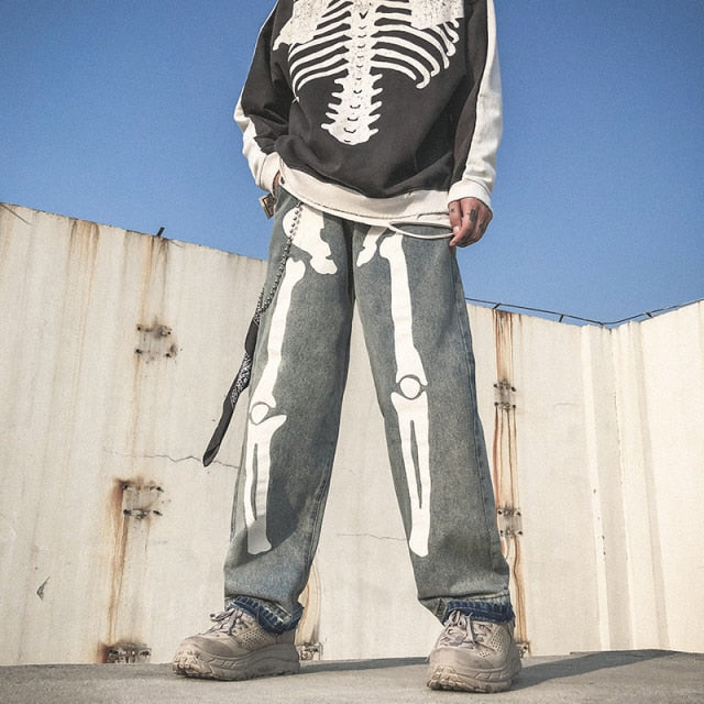 Men Skeleton Oversized Black Jeans Pants Denim Mens Streetwear Hip Hop Harem Pants High Wasit Denim Pants Overalls