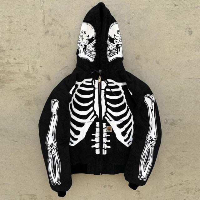 saferido       New Fashion Skull Printing Hoodies Men Autumn Winter Long Sleeve Cardigan Zip-up Hooded Sweatshirt Casual Mens Streetwear