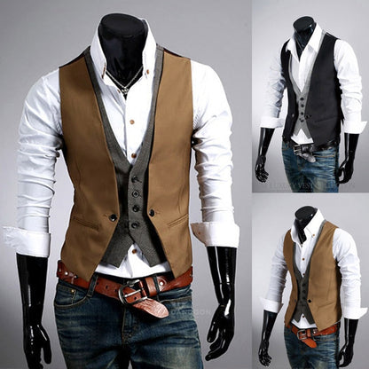 saferido      Fake Two Piece Mens Suit Vest Slim Casual Business Gentlemen Men Waistcoat Groomman Wedding Mens Gilet Oversized Steampunk Vests