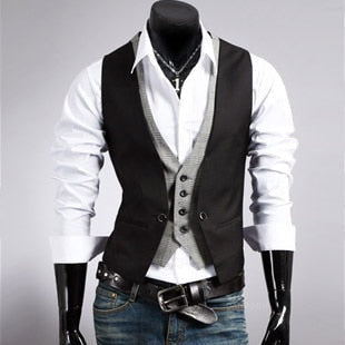 saferido      Fake Two Piece Mens Suit Vest Slim Casual Business Gentlemen Men Waistcoat Groomman Wedding Mens Gilet Oversized Steampunk Vests